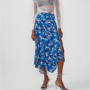 ZARA Blue Floral Printed Side Slit Asymmetrical Hem Midi Skirt- Size S